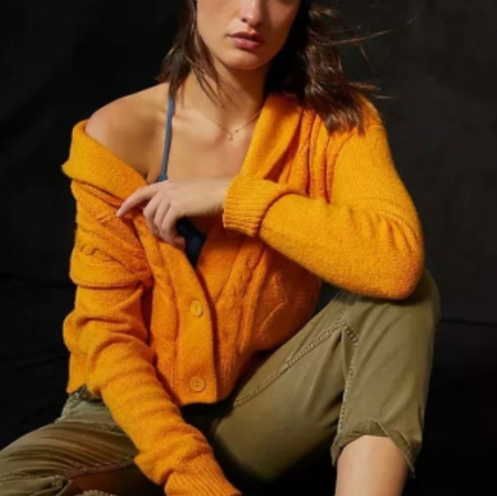 Anthropologie Pilco Chunky Cable Knit Cardigan Sweater |  Marigold | Size S |